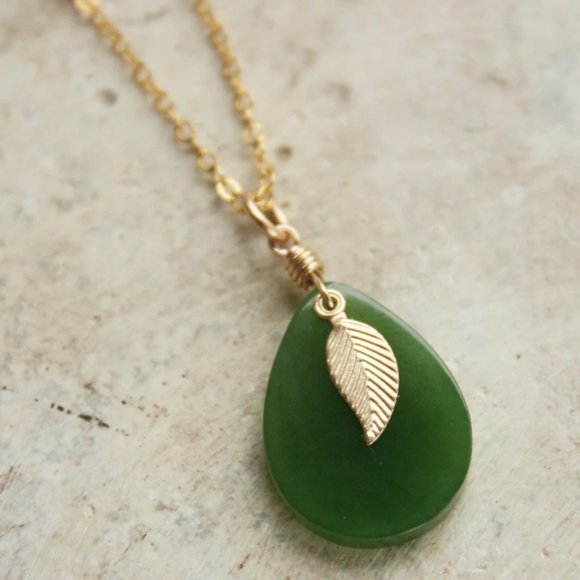 Nephrite Jade Necklace - Teardrop - Gold